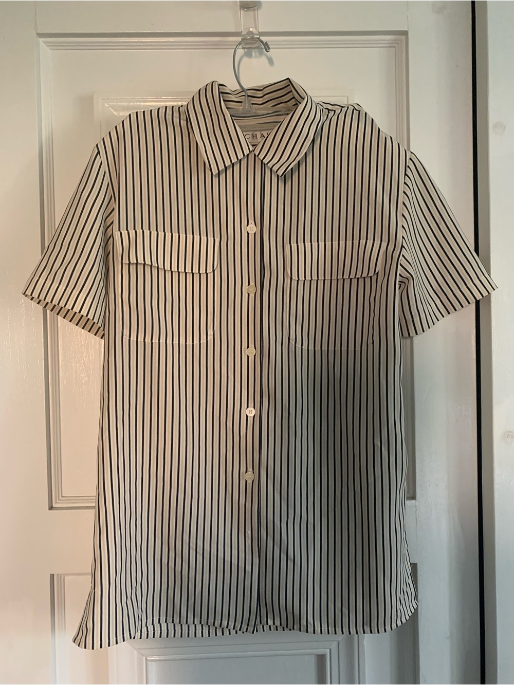 Women’s Button-Down Shirt in Cream and Black with Shoulder Pads